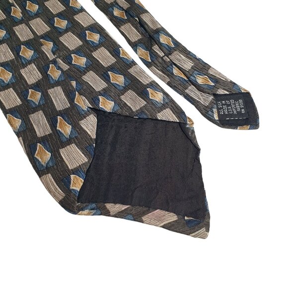Vintage IV Front Geometric Pattern Imported Silk Tie Designer Olive Green Brown - Picture 4 of 6